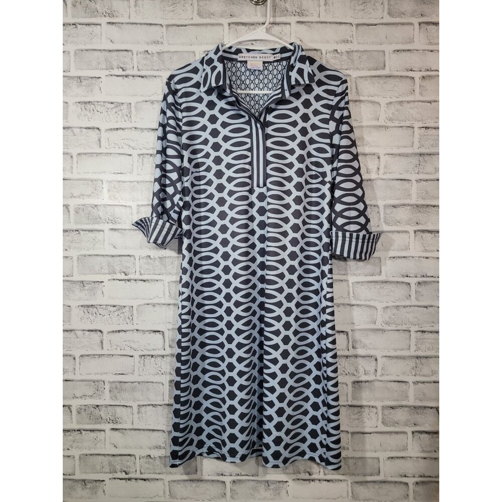 Gretchen Scott Collared Geometric Gray Blue Contract 3/4 Sleeve Dress Size Med - Picture 3 of 8